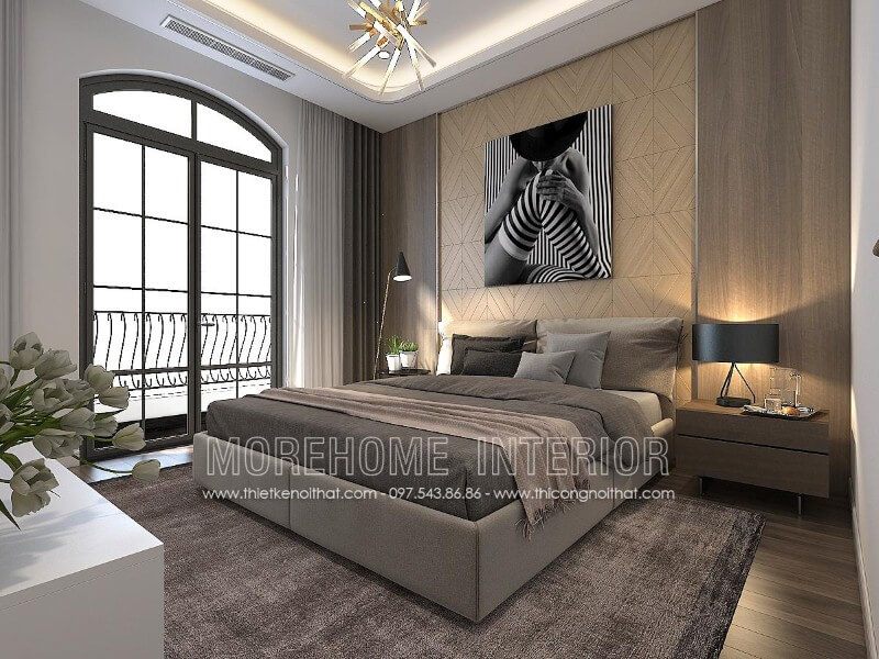 Giường ngủ bọc vải màu xám hiện đại cho phòng ngủ nhà chung cư 25m2 tại Hà Nội