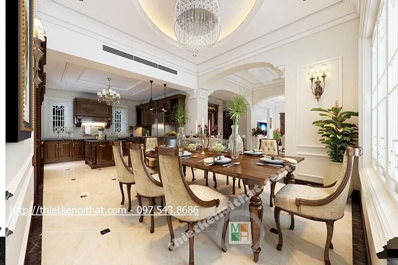 Thiết kế nội thất phòng ăn tân cổ điển với nội thất gỗ tự nhiên cao cấp kết hợp cách trang trí cây xanh mang lại không gian thoải mái cho căn phòng