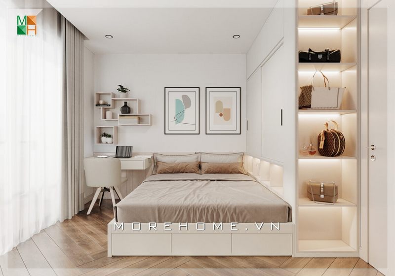 Mẫu nội thất phòng ngủ đơn giản bằng gỗ công nghiệp sơn trắng, với thiết kế giường ngủ liền tủ quần áo cánh lùa giúp tiết kiệm diện tích sử dụng tối đa